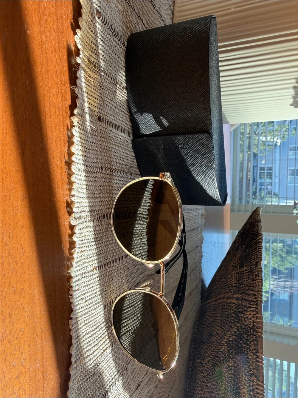 Prada SPR 56Z Gold Frame Sunglasses with Black/Green Marbled Temples. Like New!